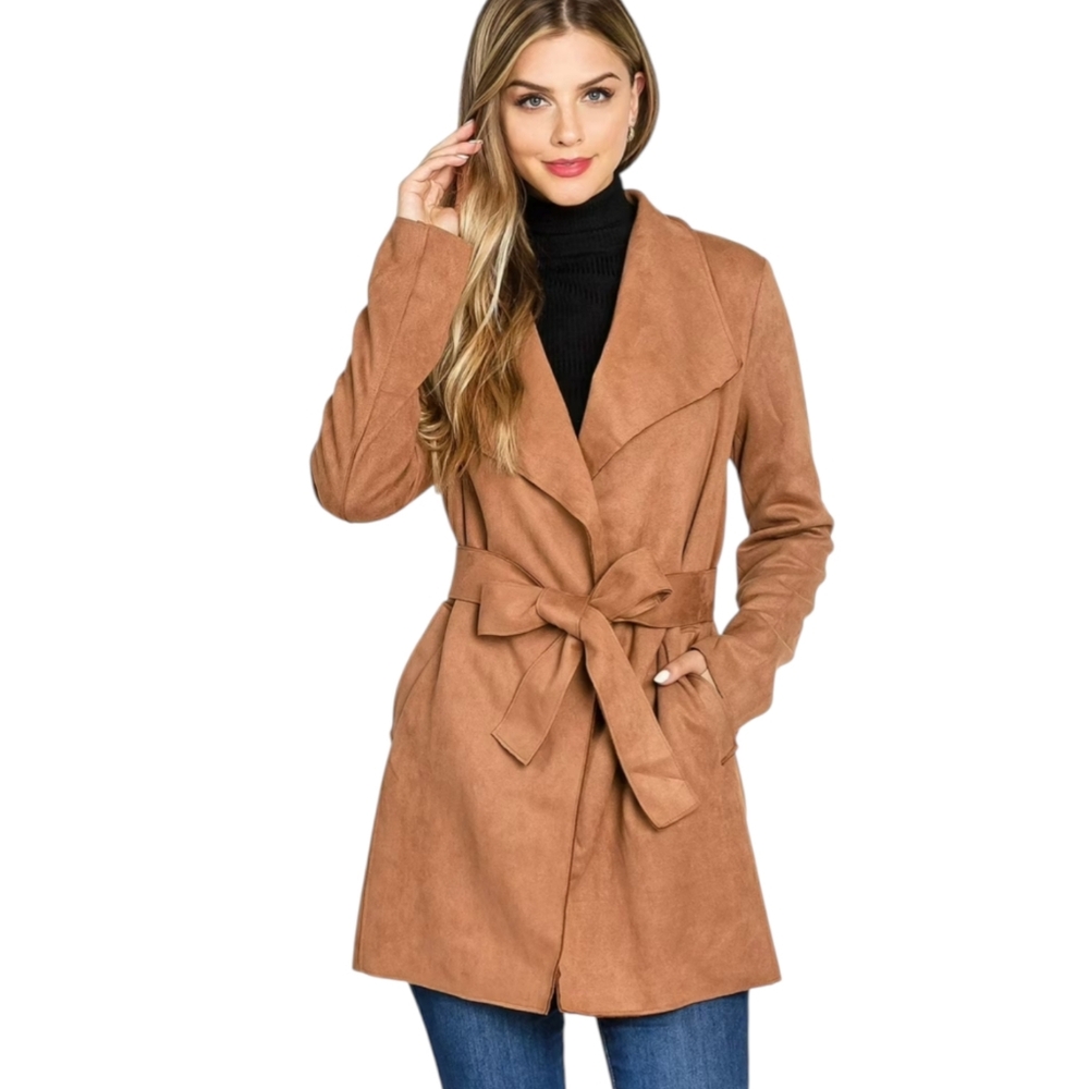 Haute Monde Los Angeles Chestnut Brown Faux Suede Moleskin Jacket Belted Sz M